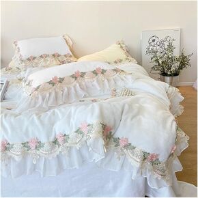 Romantic French Princess Weddding Bedding Set Fluffy Velvet Fleece Flowers Lace Ruffles Duvet Cover Set Bed Sheet Pillowcases Bed Four Pieces Set(E,Flat Bed Sheet-King 4PCS)