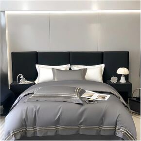 Stripes Embroidery White Bedding Set Luxury Egyptian Cotton Duvet Cover Bed Sheet Pillowcases Solid Color Home Textile Bed Four Pieces Set(B,Fitted Bed Sheet-King 4PCS)