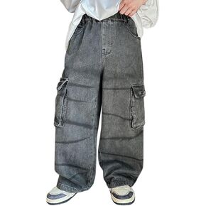 Toddler Boys Vintage Jeans 2025 Summer Streetwear Baggy Wide Leg Long Denim Pants Elastic Waist Multi Pocket Bottoms