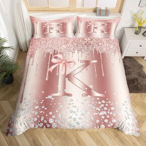 jejeloiu Pink Rose Gold Duvet Cover,Toddler,Pink Bow Bedding Set Kids Boys Girls,Personalized Letter E Comforter Cover,Glitter Diamond Pattern Bedspread Cover,Monogrammed,No Comforter