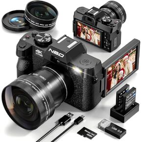 4K Digital Cameras for Photography，48MP Video Vlogging Camera for YouTube with 3" 180° Flip Screen WiFi, 16X Digital Zoom Cameras with 32GB Micro Card, Wide-Angle & Macro Lens (Black)
