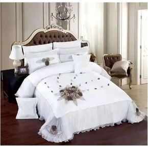 Red Luxury European Wedding Style Jacquard Stereoscopic Rose Lace Edge Bedspread Coverlet Bed Sheet Bed Skirt Pillowcases Bed Four Pieces Set(F)