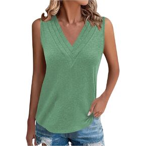 Womens Tank Tops Loose Fit Casual Summer Tops Pleated V Neck Basic Sleeveless Shirts Trendy Beach Outfits Clothes