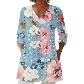Summer Tops for Women Cotton Linen Shirts Blouse Solid Casual V-Neck 3/4 Sleeve T Shirt Tunics Wear with Leggings