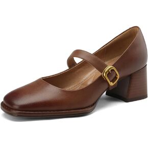 TinaCus Women's Square Toe Genuine Leather Handmade Buckle Chunky Heels Retro Mary Jane Shoes