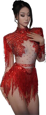 2 Pieces Sequin Tassel Bodysuit Women Sexy Gold Long Sleeve Fringe Latin DS Stage Costume Performance Nightclub Bar Dj Singe (slive) in Kuwait