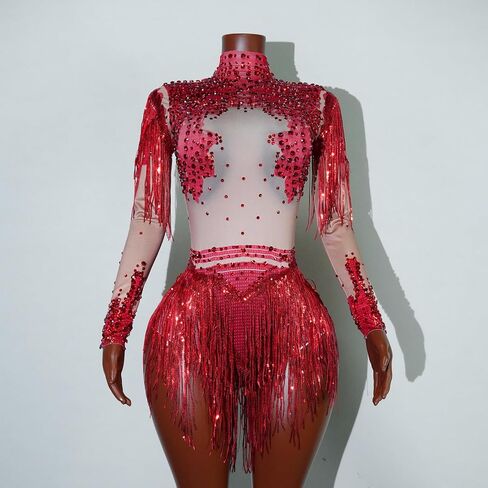 2 Pieces Sequin Tassel Bodysuit Women Sexy Gold Long Sleeve Fringe Latin DS Stage Costume Performance Nightclub Bar Dj Singe (slive) in Kuwait