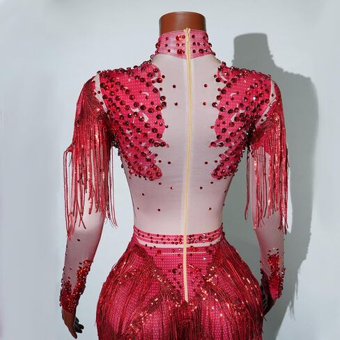 2 Pieces Sequin Tassel Bodysuit Women Sexy Gold Long Sleeve Fringe Latin DS Stage Costume Performance Nightclub Bar Dj Singe (slive) in Kuwait