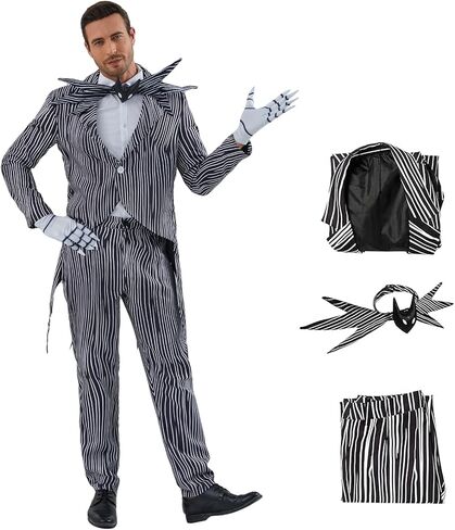 Men Jack Costume Nightmare Halloween Christmas Cosplay Stripe Jacket Pants with Bowtie in Kuwait