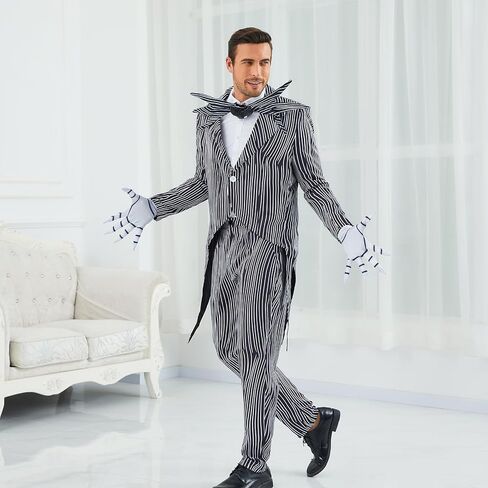 Men Jack Costume Nightmare Halloween Christmas Cosplay Stripe Jacket Pants with Bowtie in Kuwait