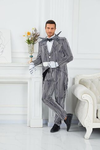 Men Jack Costume Nightmare Halloween Christmas Cosplay Stripe Jacket Pants with Bowtie in Kuwait