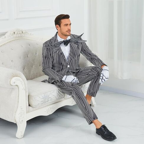 Men Jack Costume Nightmare Halloween Christmas Cosplay Stripe Jacket Pants with Bowtie in Kuwait