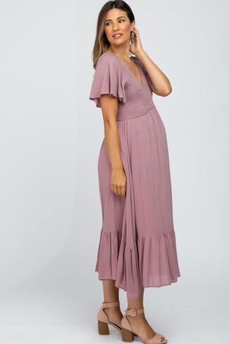 PinkBlush Smocked V-Neck Maternity Midi Dress in Kuwait