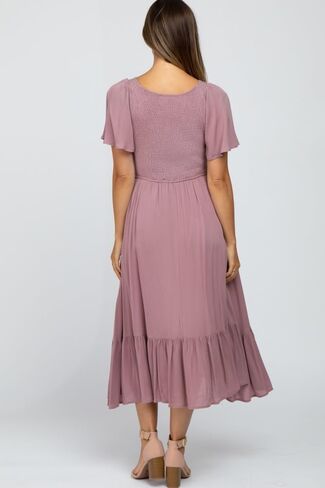 PinkBlush Smocked V-Neck Maternity Midi Dress in Kuwait