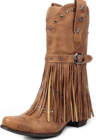 Metal Decoration Studded Fringe Cowboy Boots for Women in Saudi Arabia