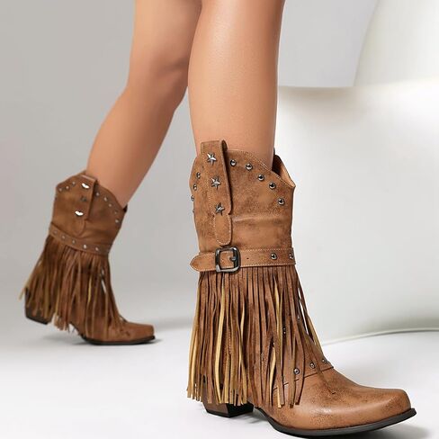 Metal Decoration Studded Fringe Cowboy Boots for Women in Saudi Arabia
