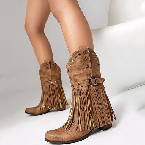 Metal Decoration Studded Fringe Cowboy Boots for Women in Saudi Arabia