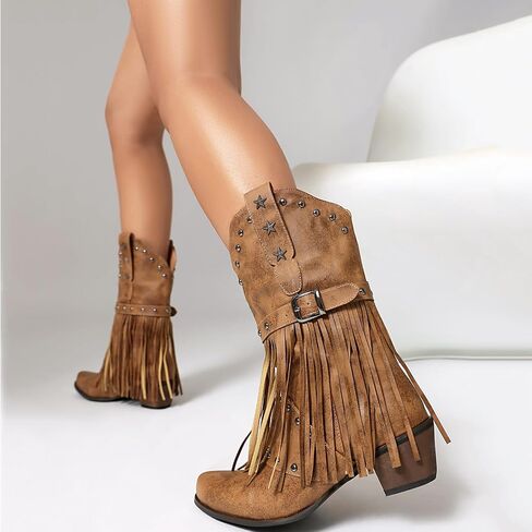Metal Decoration Studded Fringe Cowboy Boots for Women in Saudi Arabia