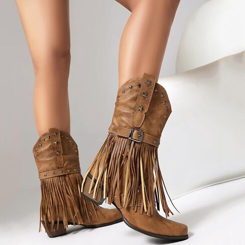 Metal Decoration Studded Fringe Cowboy Boots for Women in Saudi Arabia
