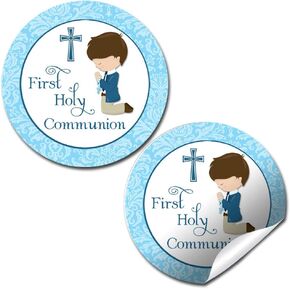 First Holy Communion Religious Thank You Sticker Labels for Boys (Light Skin, Brown Hair), 40 2" Party Circle Stickers by AmandaCreation, Great for Party Favors, Envelope Seals & Goodie Bags
