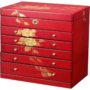 hand-drawn rose wood jewelry box 6-Layer Jewelry Organizer for women,Valentine's Day gift,Large capacity jewelry storage box with lock in red color,store glasses,watches,necklaces,rings,earrings