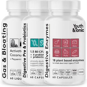 Youth & Tonic Digestion Stomach Support & Detox for Regularity, Gas & Bloating & Gut Health. All Types Digestive Enzymes Probiotics & Prebiotics Charcoal Peppermint & Organic Coconut Oil 180 Pills
