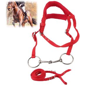 Red Horse Reins, Adjustable Horse Bridle Rein Harness Headstalls Double-Deck Design with Soft Cushion & Plated Ring Horse Bit