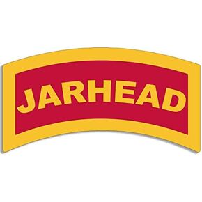 Red and Yellow Jarhead Sticker (Tab Shaped Military Vinyl, United States Marine Corps SSI Nickname Decal for Cars, Trucks, Laptops, and Water Bottles, Made in The USA (3 x 5 inch) USMC Licensed