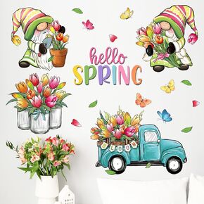 ملصقات جدارية من Mfault Hello Spring Gnome، زهرة التوليب، شاحنة ميسون، ديكورات فنية لغرفة النوم، وعاء فراشة زهري موسمي، ديكور المنزل والمطبخ، مستلزمات الحفلات