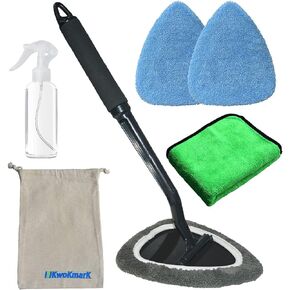 Windshield Cleaner Tool Car Window Cleaning Wand Glass Microfiber Brush Bigger Pad Thicker Softy Cloth, with Towel Spray Bottle Cloth Bag Kit TTL 6Pcs