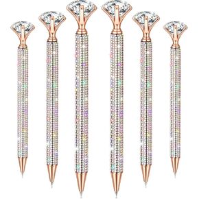 Jeyiour 6 Pcs Big Diamond Pens with Crystal Bling Rhinestone Metal Glitter Diamond Ballpoint Black Ink Pens Wedding Bridal Shower Favors for Birthday Gift Supplies(Silver)