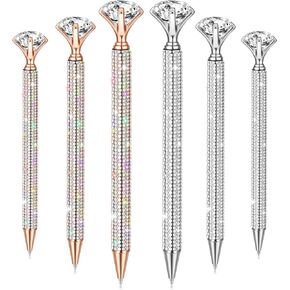 Jeyiour 6 Pcs Big Diamond Pens with Crystal Bling Rhinestone Metal Glitter Diamond Ballpoint Black Ink Pens Wedding Bridal Shower Favors for Birthday Gift Supplies(Silver)