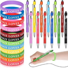Glenmal 24 Pcs Bracelets Christian Pens Set Christian Gifts Black Ink Ballpoint Pens Silicone Wristbands Colored Rubber Bracelets for Kids Nurse Teachers Church Office Supplies (Multicolor,Bible)
