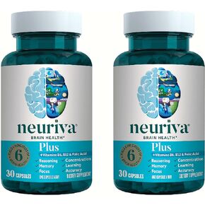 NEURIVA Nootropic Brain Support Supplement Plus Capsules (30ct Bottle) Phosphatidylserine, B6, B12, Folic Acid - Supports Focus, Memory, Learning, Accuracy, Concentration & Reasoning (Pack of 2)