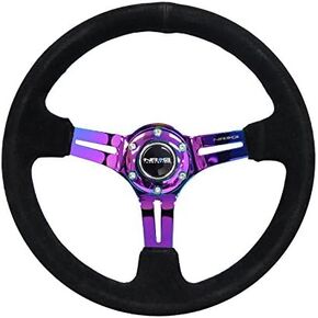 NRG Innovations NRG-RST-018S-MCBS Reinforced Steering Wheel 350mm 75mm Deep Sport Steering Wheel Suede (3" Deep) Black Stitch With Slits In Neochrome Double Riveted Spokes