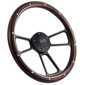 14" Dark Mahogany Wood Steering Wheel w/Black"SS" Horn for Any Chevy Car or Truck