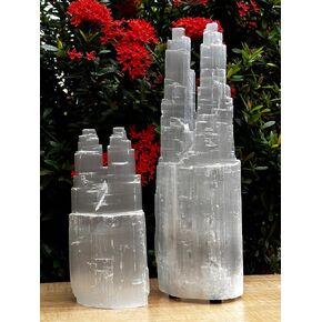 GAF TREASURES Selenite Twin Skyscraper Lamp, Selenite Two Tower Lamp, Natural White Healing Crystal Twin Tower Lamp, Selenite Crystal Lamp (10-11")