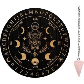 AHANDMAKER 7.8" Witch Pendulum Board, Wooden Dowsing Planchette with Rose Quartz Crystal Dowsing Pendulums Witchcraft Divination Tools for Spirit Altar Decoration - Moon Phases & Eye