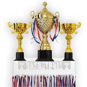 عرض شماعة ميداليات رياضية من MOOH - حامل ميداليات بطول 16.5 بوصة مع رف الكأس (يحمل 20 ميدالية) - جائزة معدنية قوية، ورف عرض الكأس والميدالية - حامل ميدالية مثبت على الحائط - أسود، سباقات المضمار والميدان