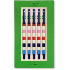 Kate Spade New York Black Ink Pen Set of 5, Cute Plastic Click Pens, Dots and Stripes