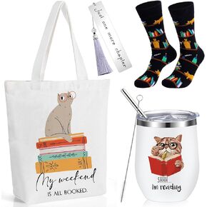 Sieral Sets of 4 Book Lovers Gifts Teacher Gifts Includes Novelty Socks 12 oz Stainless Steel Wine Tumbler with Lid Library Canvas Tote Bag Bookmark Tassel for Reader Women Men(Cat)