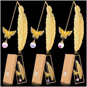 Feather Metal Bookmarks, Bookmarks for Women Teacher Gifts with 3D Butterfly Pendant Gold Feather Bookmark for Graduation Party Teacher Appreciation Gifts Readers Book Lover (3 Styles with Boxes)