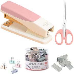 Pink Desk Stapler Set for Office Women, 25 Sheet Capacity, Include 1000 Staples, 30 Pastel Binder Clips 0.75 in and 6.3" Scissors, Cute Small Stapler for Office Classroom Teachers