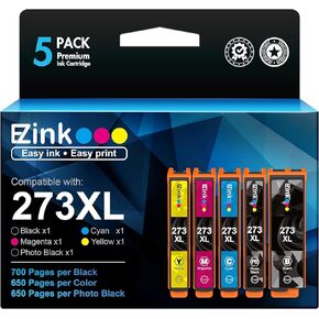 حبر E-Z (خرطوشة حبر 273 معاد تصنيعها TM لـ Epson 273xl T273XL للاستخدام مع XP-520 XP-600 XP-610 XP-620 XP-800 XP-810 XP-820 (5 عبوات-أسود، سماوي، أرجواني، أصفر، صور) أسود)