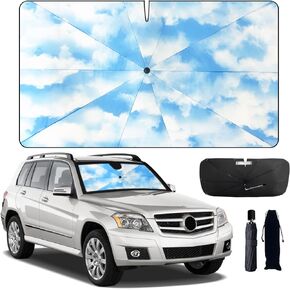 Upgraded Car Windshield Sun Shade Umbrella - Foldable Windshield Sunshade with 360° Rotating Shaft, Car Sun Shade Cover for Front Windshield, Auto Sun Block UV Rays for Sedan, SUV, Pickup (Blue Sky)