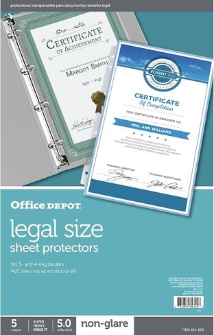 واقيات الأوراق القانونية من Office Depot، ثقيلة الوزن، 8 1/2 بوصة. × 14 بوصة، غير وهج، شفاف، صندوق من 5، 534678 in Kuwait