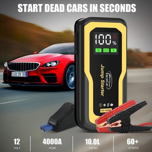 4000A Jump Starter Power Pack, Portable Safe Car Battery Booster, Jump Starter Power Pack (All Gas/up to 10.0L Diesel),12V Lithium Battery Starter with 2.5'' LCD Display and Quick Charge in Saudi Arabia