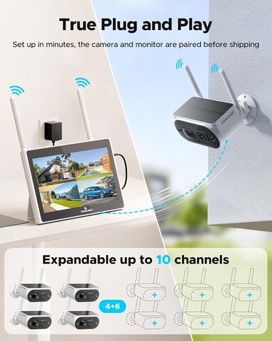 Camcamp Solar Wireless Security Camera System with 10" IPS Monitor & 500GB HDD, 4pcs 4MP Solar Security Camera Wireless Outdoor, 10CH Expandable, PIR Human Detection, 2-Way Audio, 0 Monthly Fee in Saudi Arabia