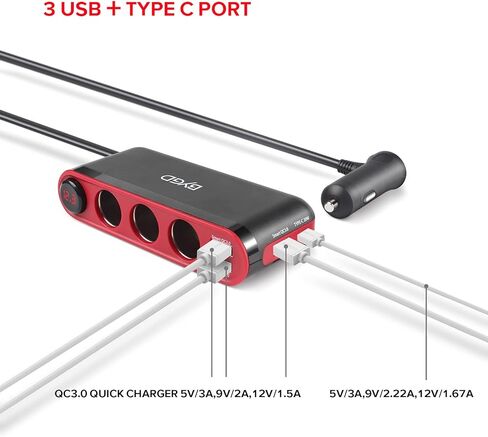 BYGD موزع ولاعة السجائر، QC3.0 18 وات محول ولاعة سجائر السيارة 3 مقابس USB منفذ شاحن سيارة قوة ولاعة السجائر مقسم محول مقسم السيارة الجهد الكهربي نوع C 12-24 فولت in Kuwait