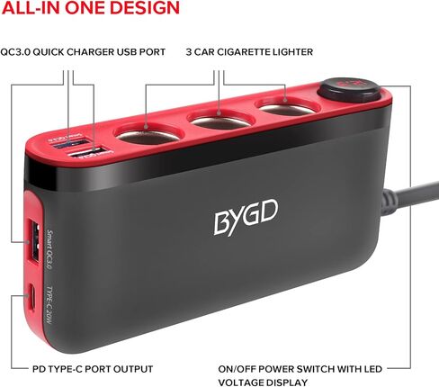 BYGD موزع ولاعة السجائر، QC3.0 18 وات محول ولاعة سجائر السيارة 3 مقابس USB منفذ شاحن سيارة قوة ولاعة السجائر مقسم محول مقسم السيارة الجهد الكهربي نوع C 12-24 فولت in Kuwait